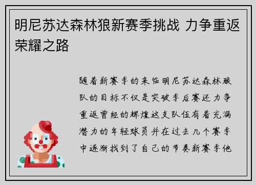 明尼苏达森林狼新赛季挑战 力争重返荣耀之路