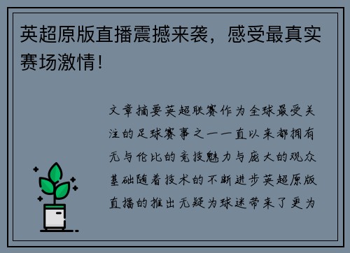 英超原版直播震撼来袭，感受最真实赛场激情！